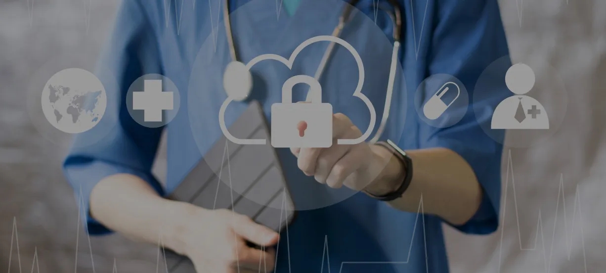 Physician showcasing digital device with security and compliance solutions