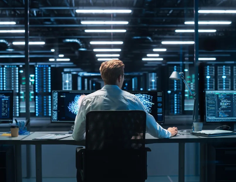 A man sitting at a desk in a data center, focused on cybersecurity measures to protect sensitive information.
