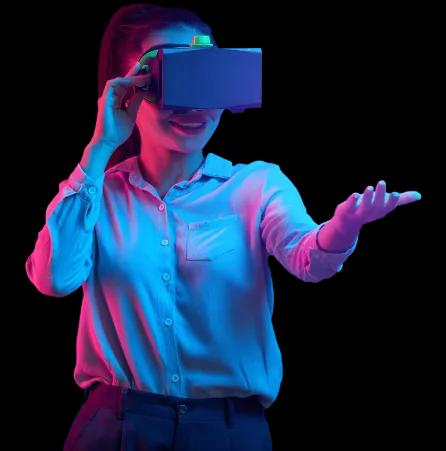 A woman immersed in virtual reality, wearing a headset, exploring the world of cloud development and innovation.
